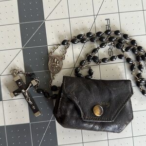 Vintage Black Bead Rosary with Silver Crucifix & Leather Pouch